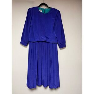 R.E.O. Originals Dress Womens 8 Blue Excellent Vintage 80s Pleated Midi Long